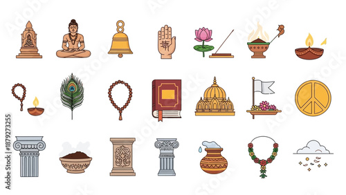 A comprehensive collection of colorful vector icons representing various elements of Indian culture, Hinduism, and Buddhism, including deities, ritual objects, and spiritual symbols.