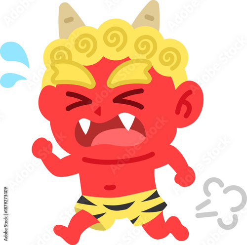 走って逃げる、赤鬼のイラスト