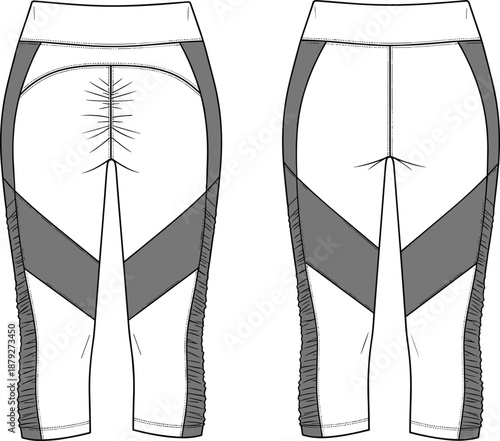 Women's high waist athletic leggings technical fashion illustration front back views compression activewear pants vector flat garment drawing template