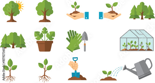 Gardening and planting icon set illustration featuring trees, seedlings, tools, watering, greenhouse and eco growth elements for agriculture and nature care concepts