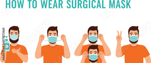 How to wear surgical mask correctly illustration showing step by step face mask usage, hygiene protection guide, healthcare safety infographic design