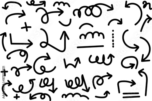 Collection of hand drawn arrows and symbols on white background