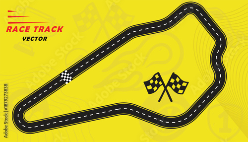 Creative vector illusion of race track isolated on yellow background. Speed race track design with creative icons.