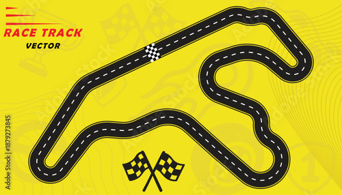 Creative vector illusion of race track isolated on yellow background. Speed race track design with creative icons.