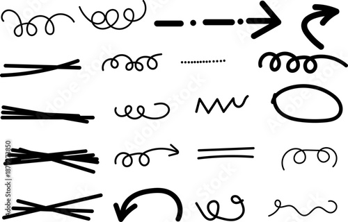 Collection of various black arrows and squiggly line symbols on white background