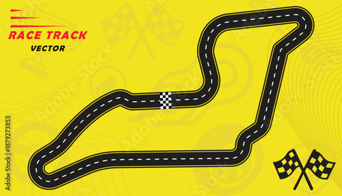 Creative vector illusion of race track isolated on yellow background. Speed race track design with creative icons.