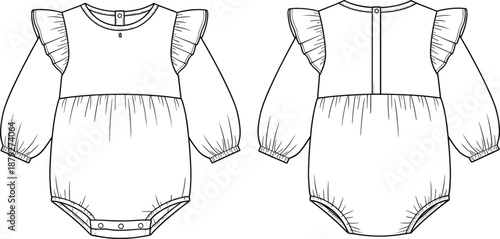 Baby girl romper technical line drawing front and back view, long sleeve ruffle shoulder infant apparel flat vector illustration