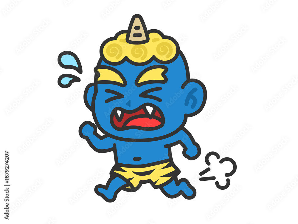 Obraz premium 走って逃げる、青鬼（線画カラー）のイラスト