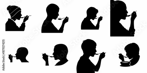 A collection of silhouettes depicting people of different ages eating or tasting food or medicine from a spoon, isolated on white background.