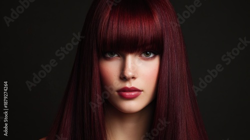 Captivating Crimson: A portrait of a woman with long, rich burgundy hair and bangs, showcasing a captivating look with soft features and elegant allure.