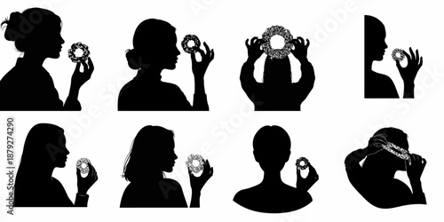 Set of eight black vector silhouettes showing women holding and styling their hair with sparkling, sequined scrunchies, isolated on white.