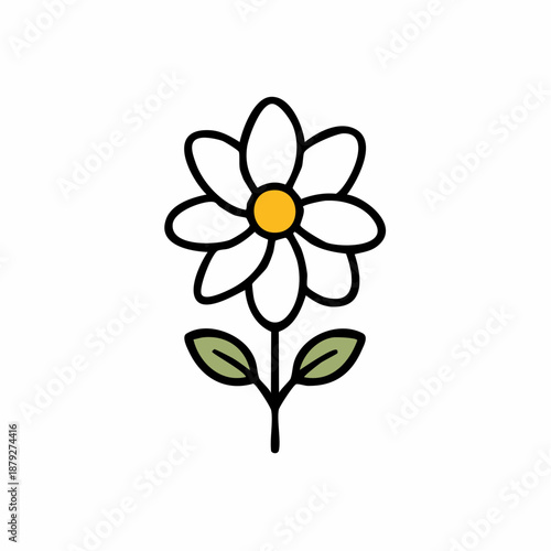 Simple illustration of a white flower with green leaves on a single stem viewed from the side