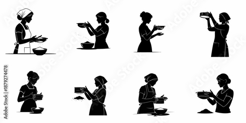 Black and white silhouette set of women sifting flour and ingredients, illustrating various actions in food preparation and baking.