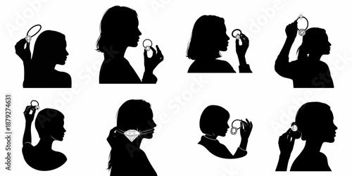 Vector silhouettes of women applying elegant diamond hair accessories and examining sparkling jewelry, perfect for beauty and fashion concepts.