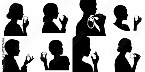 Diverse female silhouettes featuring hands and profiles interacting with various styles of exquisite white pearl jewelry on a clean isolated background.