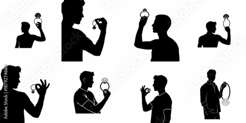 Vector silhouettes of men displaying scallop shell jewelry and accessories, including rings and pendants, isolated on white background.