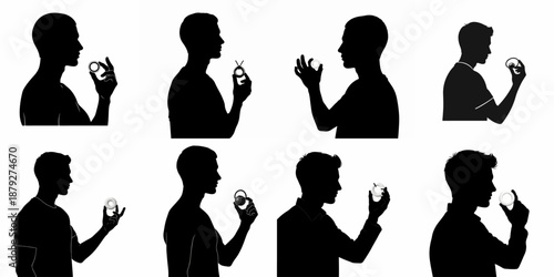 Eight silhouettes of men examining ring-shaped contraceptive devices, illustrating male reproductive health, planning, and responsibility concepts.