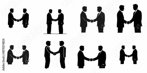 Set of black silhouettes showing two businessmen shaking hands, symbolizing corporate deal, agreement, partnership, and successful completion.