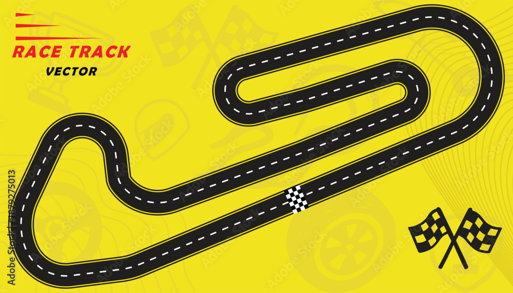 Fototapeta premium Creative vector illusion of race track isolated on yellow background. Speed race track design with creative icons.