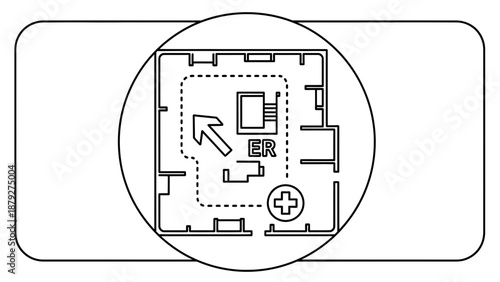 Emergency Room Floor Plan Icon with Arrow and Cross Symbol