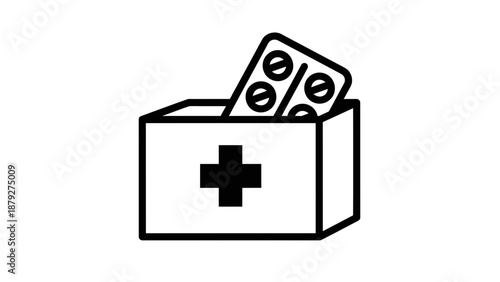 First aid kit with pills and medical cross icon, simple line art