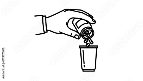 Hand pouring pills from bottle into cup, health and medicine concept, line art illustration