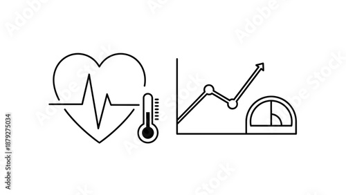 Health monitoring icons: heart rate, thermometer, weight scale, and growth chart