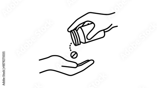 Hand pouring pill into another open palm, simple line art icon for medication, health, and care