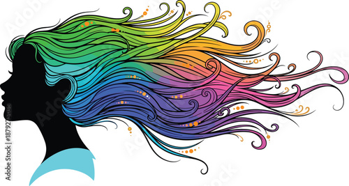 Abstract colorful woman silhouette with flowing rainbow hair vector illustration symbolizing creativity beauty diversity fashion art modern design concept background