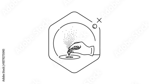 Hand sprinkling glitter into water, creating ripples and abstract patterns, minimalist line art