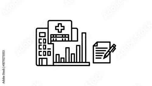 Healthcare Statistics Icon: Hospital Building, Bar Chart, and Document with Pen