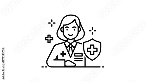 Healthcare professional icon with shield and plus symbols, medical care concept