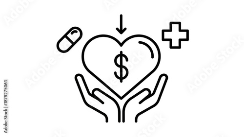 Healthcare Cost Savings Icon: Hands Holding Heart with Dollar Sign, Pill and Plus Sign