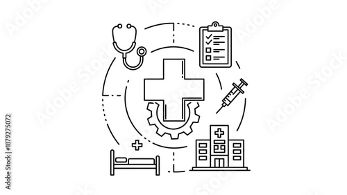 Healthcare Technology and Innovation Concepts: Medical Icons and Gear