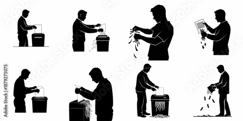 Black silhouettes of men destroying paper documents using shredders and manual tearing, illustrating data protection and privacy concepts.