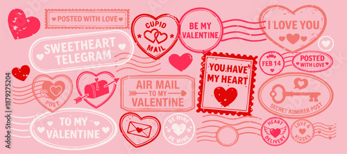 Romantic valentine's day postmark and love mail rubber stamp set — love letter postal collection