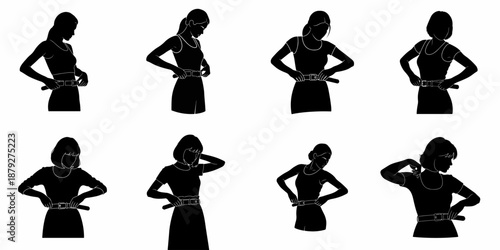 Black silhouettes of women fastening or adjusting a belt around their waist, illustrating concepts of fashion, dressing, fitness, or weight loss.