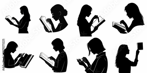 Collection of Eight Black Silhouettes of Young Women Reading Books and Studying, Vector Illustration Representing Education and Knowledge.