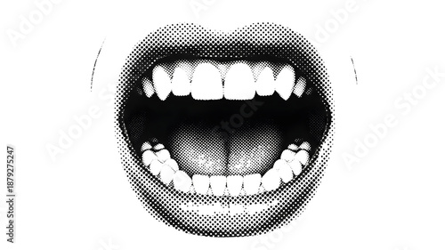 Wide open mouth shouting or screaming in black and white halftone pop art style for expressive graphic design