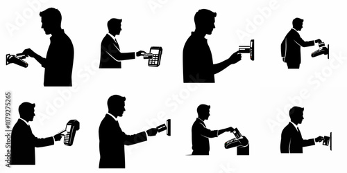 A collection of black silhouettes illustrating men using credit cards with various POS terminals, card readers, and payment machines for electronic transactions.