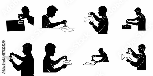 Black silhouettes set: People mailing letters, applying postage stamps, and sealing envelopes or packages with a rubber stamp, symbolizing postal service actions.