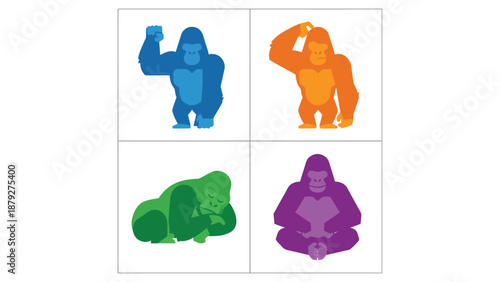 Four Colorful Gorilla Illustrations on White Background