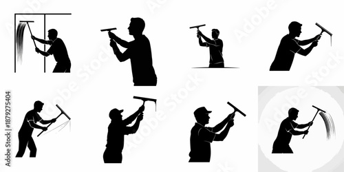 Eight silhouettes of professional window cleaners in various poses, illustrating the use of a squeegee tool for glass cleaning service, isolated vector set.