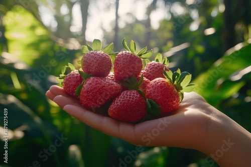 Handful of Freshly Picked Strawberries in Lush Garden Setting.