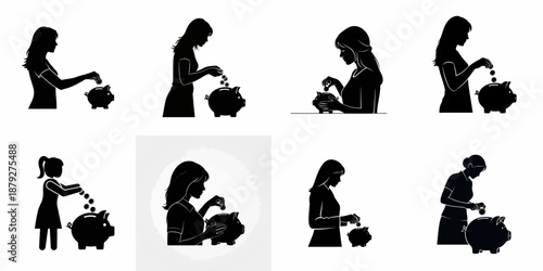 Black silhouette set of women and girls depositing coins into a piggy bank, representing savings, personal finance, and investment concepts.