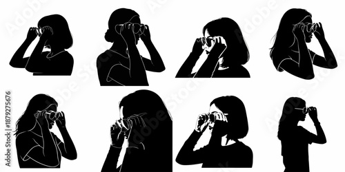 Collection of eight black and white silhouettes of stylish women adjusting or wearing large sunglasses or glasses, symbolizing vision, style, and observation.