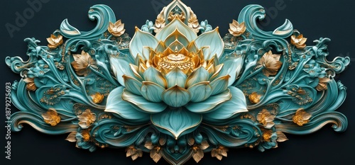 Intricate Lotus Flower Art - A Symphony of Teal and Gold.