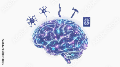 A vibrant, glowing brain surrounded by abstract shapes and symbols, illustrating cognitive concepts and mental processes in a futuristic illustration.