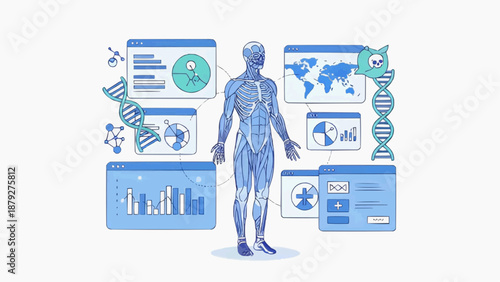 A human figure surrounded by various scientific and medical data visualizations and diagrams from a futuristic viewpoint
