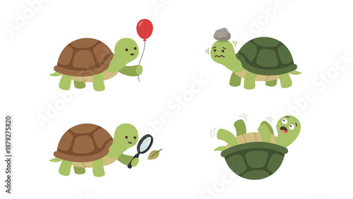 Cartoon Turtle Set: Happy, Sad, Curious, and Overturned